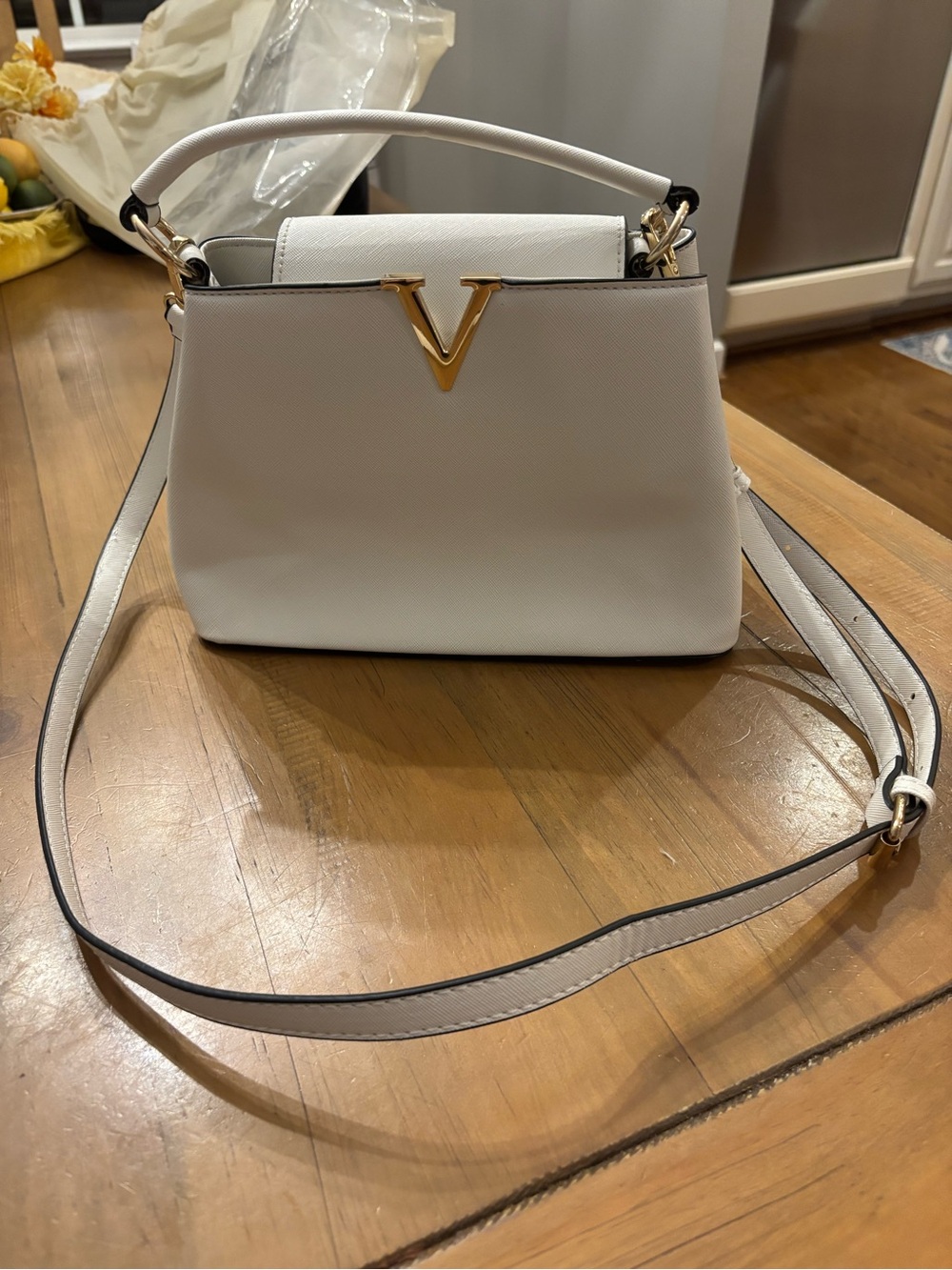 Structured White Top-Handle Satchel with Gold Accent